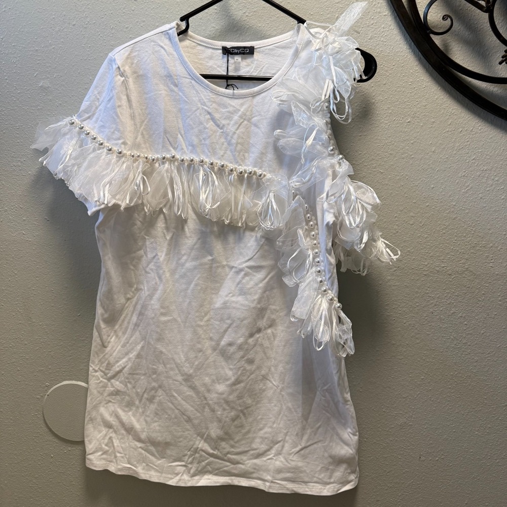 White Ruffle Pearl Embellished Top Romantic Statement Elegant Feminine Blouse L
